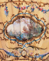 Landskap, detalj av handfläkt som visar Vila under jakt, målat siden och ben, skapat av Felix Alexandre, Paris, ca 1870, Frankrike