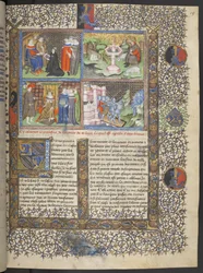 Lansdowne 1178 f. 19 miniatyrer inklusive detaljer av riddare i hjälmar med visir på en vindbro som försvarar en stad från attackerande riddare med spjut, c.1415-20 (vellum)