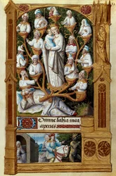 ""Jesses träd"" Jesse, Davids far, vilar nedanför, ovanför sina ättlingar. Miniatyr av den franska skolan på 1400-talet. Madrid, Nationalbiblioteket