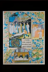 Sista smörjelsen - begravning, pergamentsida från en tidebok, norra Frankrike, omkring 1480 (manuskript)