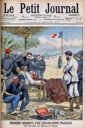 Sista ögonblicken av en fransk upptäcktsresande Viscount Pierre Marie Robert Du Bourg de Bozas (1871-1903) i Bourg de Boza i tropiska Afrika "Le Petit Journal" 22 februari