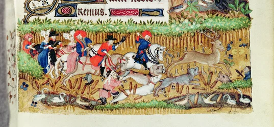 Lat 1156 B f.163 november; hjortjakt, från Marguerite dOrleans timmar, 1426-38