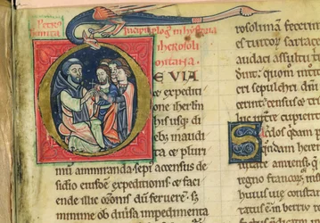 Lat 5128 f.1 Eremiten Peter delar ut kors, ur "Jerusalems historia..." av munken Robert (pergament)