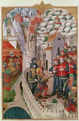 Lat 6067 f.39 Avrättningen av de två turkar som hade infiltrerat Rhodos och konspirerat för att förgifta befälhavaren för garnisonen 1480, från A History of the Siege of Rhodes, av Guillaume Caoursin, 148