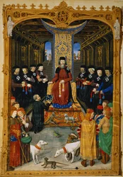 Lat 6067 f.3v Författaren tillägnar sin bok till Pierre dAubusson, stormästare av Johannesorden av Jerusalem, från A History of the Siege of Rhodes, av Guillaume Caoursin, 1483