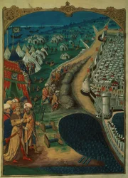 Lat 6067 f.50v Mohammed II:s chefsrådgivare, möjligen Miseh Paleolog, som leder de turkiska operationerna, c.1480, från A History of the Siege of Rhodes, av Guillaume Caoursin, 1483