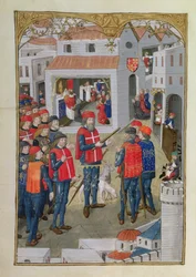 Lat 6067 fol.33v Riddarna av Johannes av Jerusalem förbereder sig på att försvara Rhodos, från A History of the Siege of Rhodes, av Guillaume Caoursin, 1483
