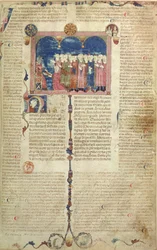 Lat 9187 f.1 Författaren som presenterar boken, från Coutumes de Toulouse, 1296