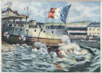 Lansering av Cuirasse ""Republique"" i Brest, Frankrike. Gravyr i "" Le Petro Parisien""