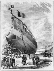 Lansering av pansarskeppet "" La Galissonniere"", 7 maj 1872 i hamnen i Brest, Finistere (29). Gravyr i "" Le Monde Illustré"" nr 789 av 25 maj 1872.