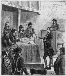 Lavoisiers rättegång - Antoine Laurent de Lavoisier (1743-1794), fransk kemist inför revolutionsdomstolen - Gravyr i "Sciences à la gratete de tous - physics et chimie populaires" av Alexis Clerc - Slutet av 1800-talet - Privat samling