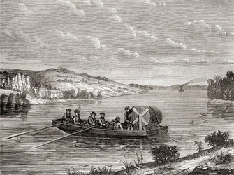 Att lägga en telegrafkabel under en amerikansk flod ca 1860, från Les Merveilles de la Science, publicerad ca 1870 (gravyr)