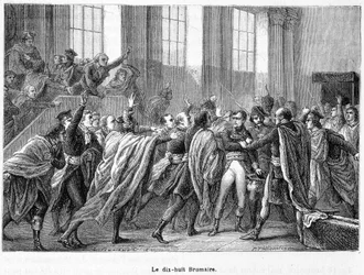 18 Brumaire år 8: Napoleons statskupp i Saint-Cloud i Conseil des Cinq-Cents (femhundra) (rum på 500) - i "La France Populaire"