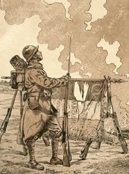 Le Bleuet. Symbol för minne och solidaritet i Frankrike, för veteraner och offer från första världskriget. Fransk propagandaillustration från första världskriget som frammanar franska segrar genom tiderna. Från Agenda Buvard du Bon Marche publicerad 1917.