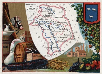 Le Cher (18), Centre, Frankrike. Serie om de franska departementen. Öl, korn, läder, vin och knivar. Kromolitografi (Chromo) "" den geografiska tråden"", ca 1920. Privat samling.