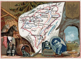 Le Doubs (25), Franche Comte (Franche-Comte), Frankrike. Porträtt av Georges Cuvier (1764-1832), fransk paleontolog. Lokal specialitet: kirsch, malört, urmakeri, tråd och jordbruk. Serie om de franska departementen. Kromolitografi (Chromo) "" den