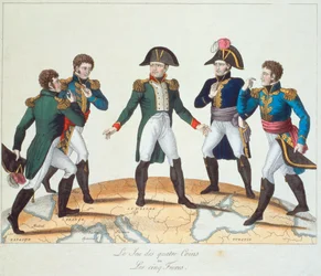 The Game of Four Coins eller The Five Brothers, bonapartistisk tecknad film föreställande Napoleon och hans bröder, 1808