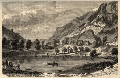Le Lauzet-Ubaye - Le lac du Lauzet - kommun i departementet Alpes-de-Haute-Provence i sydöstra Frankrike - gravyr i "" PATRIE"" - PECTUREQUIREQUE BESKRIVNING AV FRANKRIKE I 6 VOLYER AV LUCIEN HUARD - slutet av 1800-talet