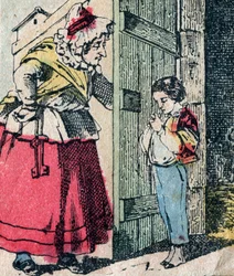 Le Pere Fouettard, fransk karaktär för den piskande fadern, legendarisk folklorefigur som straffar de stygga barnen: hans fru, La Mere Fouettard, den piskande mamman, som förlossar ångrade barn - Epinal bild