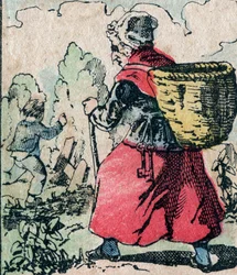 Le Pere Fouettard, fransk karaktär för den piskande fadern, legendarisk folklorefigur som straffar de stygga barnen: hans fru, La Mere Fouettard, den piskande mamman som förföljer barnen som hoppar skolan - Epinal bild