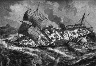""Vauban"", franskt slagskepp, tappar sin mast under en storm