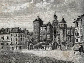 Le Vieux Paris - le Grand Chatelet - Gravyr i "" Fysisk, civil och moralisk historia i Paris: från de tidigaste historiska tiderna till idag" av Jacques Antoine Dulaure
