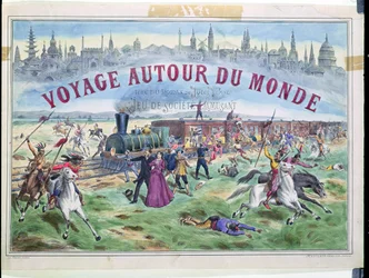 Le Voyage Autour du Monde, omslag till en låda för ett spel baserat på Around the World in 80 Days av Jules Verne (1828-1905)
