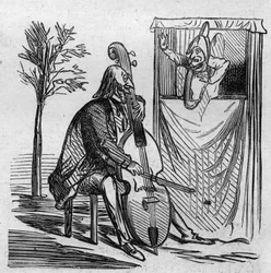 Maestro Offenbach monopoliserar med sin musik alla teatrar i Paris. Den tyska naturaliserade franske kompositören Jacques Offenbach (1819-1880) spelar cello. Cham tecknad. Gravyr i ""Le Monde Illustre"" nr 499 den 3 november 1866.