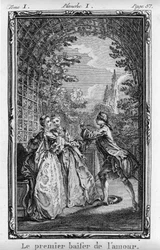 Kärlekens första kyss. Illustration till „Julie eller Den nya Héloïse“ av Jean-Jacques Rousseau (1712-1788), utgåva från 1769