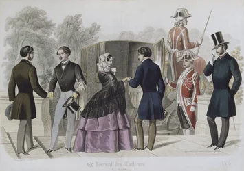 Avresa för en tur i en hytt, illustration från Le Journal des Tailleurs, 1856 (färggravyr)