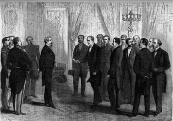 Kejsar Napoleon III tar emot på Tuilerierna den mexikanska delegationen som är ansvarig för att erbjuda Mexikos krona till prins Maximilian (Maximilian 1:a av Mexiko). Paris