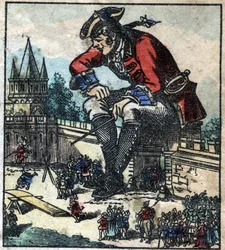 Lemuel Gulliver som sitter på stadens befästningsmur förklarar strategin för Lilliputian-armén. Illustration för "" Gulliver