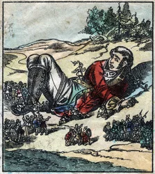 Lemuel Gulliver vaknade efter sitt skeppsbrott och togs till fånga av lilliputerna. Illustration för "" Gulliver