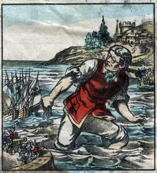 Lemuel Gullliver avfyrade fartygen från Blefuscu-armén till huvudstadshamnen Lilliput. Illustration för "" Gulliver