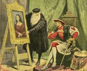 Leonard de Vinci överlämnar sin målning La Mona Lisa (Mona Lisa, Monna Lisa) till Francois 1er som köpte den för 4000 guldguld (15 kilo guld) år 1517. Gravyr på omslaget till den illustrerade bilagan till Petiure Journal nr 1206, 28/12/1913.