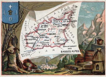 Les Basse Alpes (Basse-Alpes), Idag avdelning av Alpes-de-Haute-Provence (Alpes de Haute-Provence 04), Frankrike. Lokal specialitet: jakt, vax, honung, torkad frukt och olja. Serie om de franska departementen. Chromolithography (Chromo) "" den geografiska