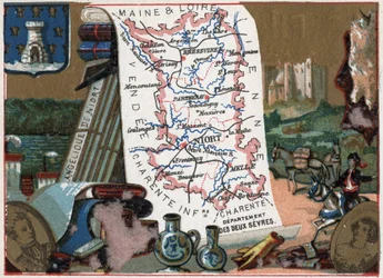 Les Deux Sevres (Deux-Sevres, 79), Poitou Charente (Poitou-Charente), Frankrike. Niorts ängla. Serie om de franska departementen. Kromolitografi (Chromo) "" den geografiska tråden"", ca 1920. Privat samling.