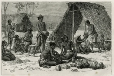 Les Indiens Galibis (eller Kalinas) tillverkar keramik, gravyr av D. Maillart, för att illustrera upptäcktsfärden i det inre av Guyana av Dr. Jules Crevaux, doktor vid franska flottan, 1876-1877, publicerad i tour du monde , under ledning o