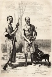 Bergsjägarna på Formosa Island, graverade efter en teckning av D. Maillard, som illustrerar resan till Kina, av J. Thompson, 1870-1872, publicerad i "" Le tour du monde""" 1875, redigerad av Edouard Charton, Hachette-upplagan, Paris. Selva Collecti