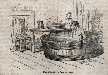 Badgester - Hygien på 1800-talet - bad i skål - gravyr i "La Sante Universelle - Guide Medical des Familles" 1852