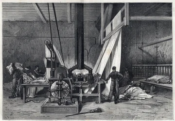 De stora fabrikerna - Färgning av erie Boutarel i Clichy la Garenne - Le mesh des Etoffes - gravyr från 1869