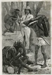 Les porters (caucheros), i Darien (regionen i östra Panama), gravering efter en teckning av D. Maillart, för att illustrera berättelsen Exploration at the isthms of Panama and Darien, av A. Reclus, skeppslöjtnant, från 1876 till 1878 , publicerad i tour du