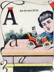 Bokstaven A Bil. Gravyr i "ABC des joux pour petits boys". Avbildning av Pont-a-Mousson, Louis Vagne, tryckare-förlag, sent 1800-tal. Mått: 32,5x25 cm