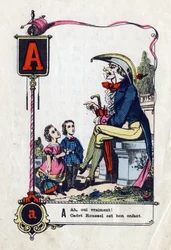 Bokstaven A som "" Ah ja verkligen kadett roussel är ett barn"" Komiskt alfabet (abecedary) i lysande talesätt. Avbildning av Epinal, cirka 1850-1860). Mått: 21x15 cm. Privat samling.