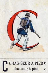 Bokstaven C som fotjägare. Militärt alfabet (ABC eller abecedary). Avbildning av Epinal, cirka 1870-1880). Stencilfärgade träsnitt. Privat samling