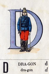 Bokstaven D som drake. Militärt alfabet (ABC eller abecedary). Avbildning av Epinal, cirka 1870-1880). Stencilfärgade träsnitt. Privat samling