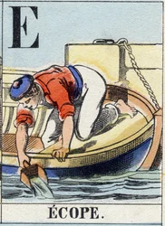Bokstaven E som ekope. Marinblå alfabet. Epinal bild, sent 1800-tal. Stencilfärgad trägravyr