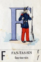 Bokstaven F som infanterist. Militärt alfabet. Avbildning av Epinal, cirka 1870-1880. Stencilfärgade träsnitt