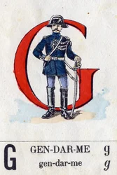 Bokstaven G som konstapel. Militärt alfabet. Avbildning av Epinal, cirka 1870-1880. Stencilfärgade träsnitt
