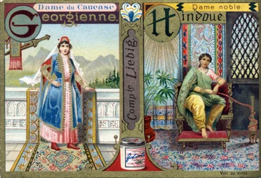 Bokstaven G som Georgian Caucasus Lady och H som Hindu Noble Lady. Kvinnors alfabet. Serie om 12 bilder. Liebig reklam